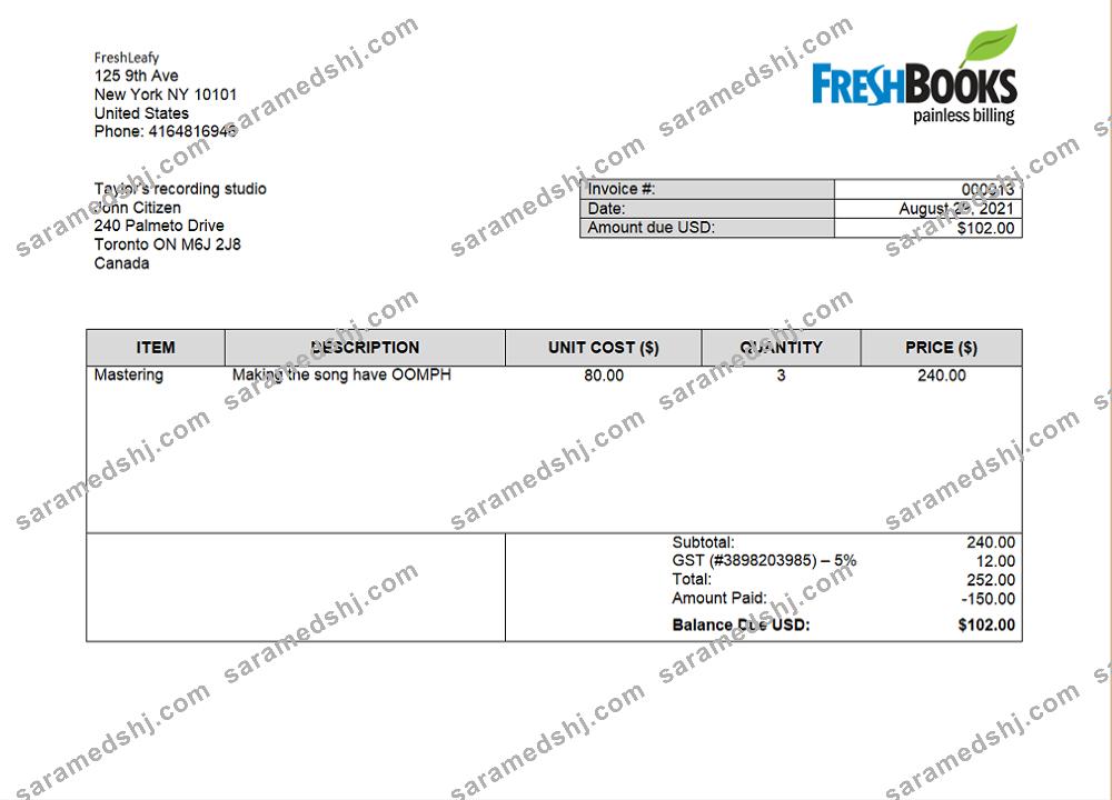 USA FreshBooks Company invoice